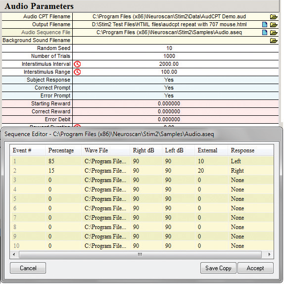 Exemplo de parâmetros programáveis para um paradigma auditivo P300
